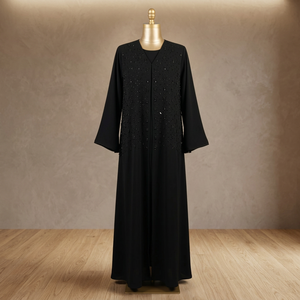 Abaya élégante et simple noire ornée, silhouette droite, col en V pour femme adulte - Product Image 2