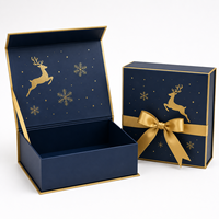 Boîte cadeau de Noël de luxe en forme de livre, en carton rigide gris, avec estampage à chaud doré, motif renne et flocon de neige, fermeture magnétique