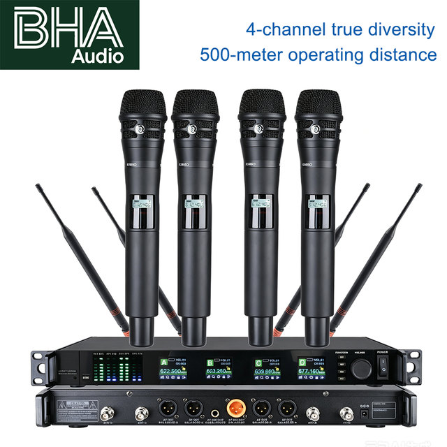 BHA Y-6004 4Channel UHF True Diversity Wireless Microphone System Rack Mount 4handheld Mic for Stage Church Live Performance OEM