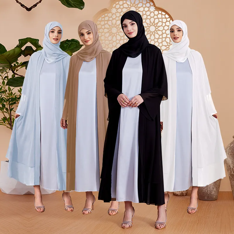 Habib 2024 mousseline de soie superposée abaya conçoit des vêtements islamiques élégants musulman en mousseline de soie abaya ouverte sur le devant