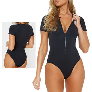 Traje de baño de una pieza con cremallera de manga corta personalizable para mujer, ropa de playa con estampado de tela elástica de alta calidad, estilo deportivo Sexy - Product Image 5