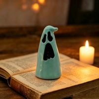 Porte-bougie en céramique en forme de citrouille rayée souriante, base vert clair, pour bougie chauffe-plat, figurine Jack O'Lantern d'Halloween pour chambre à coucher