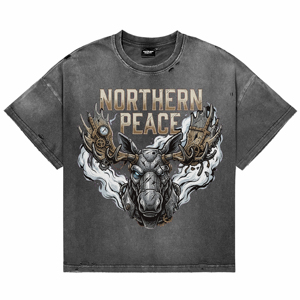 T-shirts décontractés surdimensionnés en coton respirant, de haute qualité, style vintage délavé à l'acide, avec impression DTG personnalisée motif cerf punk, col rond - Product Image 1