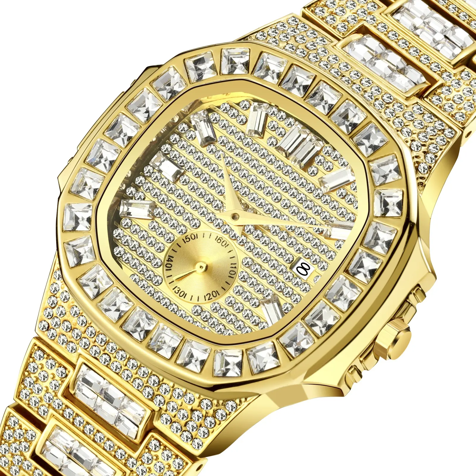 Relógio masculino, hip hop homens relógios marca de luxo da moda relógio de quartzo homens relógio gelado diamante homem relógio de pulso rosa cheio de aço masculino relógio XFCS