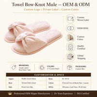 Chaussons d'intérieur plats antidérapants pour femmes, en tricot gaufré, à bout ouvert, avec doublure en tissu éponge doux et nœud décoratif
