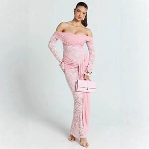 Vestido de Noche Elegante de Estilo Europeo con Encaje, Hombros Descubiertos, Espalda Descubierta, Manga Larga y Detalle de Lazo, Corte Ajustado - Product Image 4