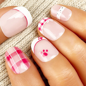 Nueva Llegada: 30 <span class=keywords><strong>Uñas</strong></span> Postizas Cortas Cuadradas en Tono <span class=keywords><strong>Rosa</strong></span> <span class=keywords><strong>Pastel</strong></span> con Diseño Francés y Cuadros, Ideales para Diversión de Fin de Semana - Product Image 4