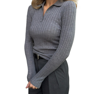 Haut en tricot côtelé gris à col polo pour femme, manches longues, coupe ajustée, pour l'automne et l'hiver - Product Image 5