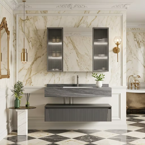 <span class=keywords><strong>Mobile</strong></span> <span class=keywords><strong>Bagno</strong></span> di Lusso Stile Hotel, Armadietto Scanalato Grigio Scuro con Specchio LED e Lavabo in Pietra per Hotel di Lusso - Product Image 5