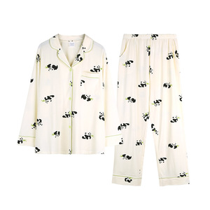 PJ-1463 Ensemble de pyjama pour femme à manches longues imprimé panda, en coton fin, vêtements de maison, taille Miss, 2 pièces - Product Image 5