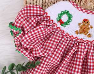 Set di pagliaccetto personalizzato per abiti natalizi con smock ricami a quadretti rossi per abbinarsi ai fratelli vestiti natalizi per bambini - Product Image 4