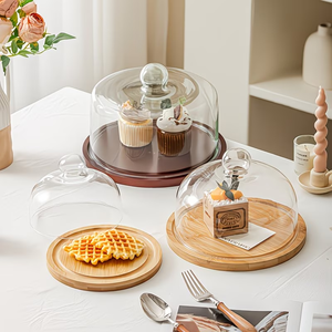 <span class=keywords><strong>Plateau</strong></span> à gâteau avec couvercle en <span class=keywords><strong>verre</strong></span> anti-poussière pour présenter des pâtisseries et desserts sans poussière, <span class=keywords><strong>plateau</strong></span> rond en bois de bambou - Product Image 4