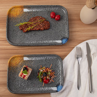 Assiette rectangulaire en mélamine plastique A5, design personnalisé avec éclaboussures d'encre, style moderne minimaliste, steak, salade, dessert, pain