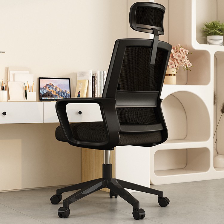 Silla giratoria Dny-84 con estructura negra y reposacabezas de malla negra
