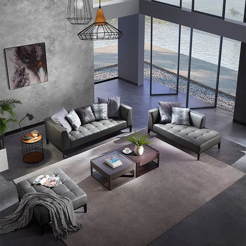 رمادي أريكة زاوية مصنوعة من الجلد 3 2 مقاعد غرفة المعيشة قطاعات أريكة معنقدة