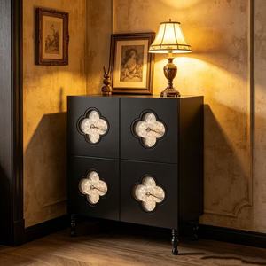Premium Black Tall Wooden Cabinet 4-Door Quatrefoil Mother of Pearl Inlay Spindle Leg <b>Storage</b> <b>Sideboard</b> For Entryway Living Room - Product Image 4
