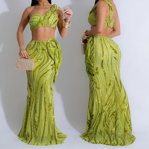 Women's <b>Sequins</b> Sleeveless One Shoulder Short <b>Top</b> Sexy Wrap Hip Half Body Skirt Sexy 2 Piece Set Fashion - Product Image 3