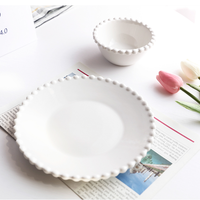 Assiette de table ronde en porcelaine blanche de 8 pouces, motif dentelle perlée, bol à dessert, ensemble de 3 assiettes et bols de dîner, vente en gros