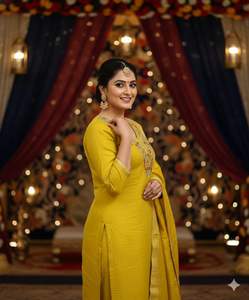 Nouvel ensemble de costume de fête jaune droit avec broderie traditionnelle Jari faite à la main sur le col, qualité boutique de créateurs, prix de gros - Product Image 1