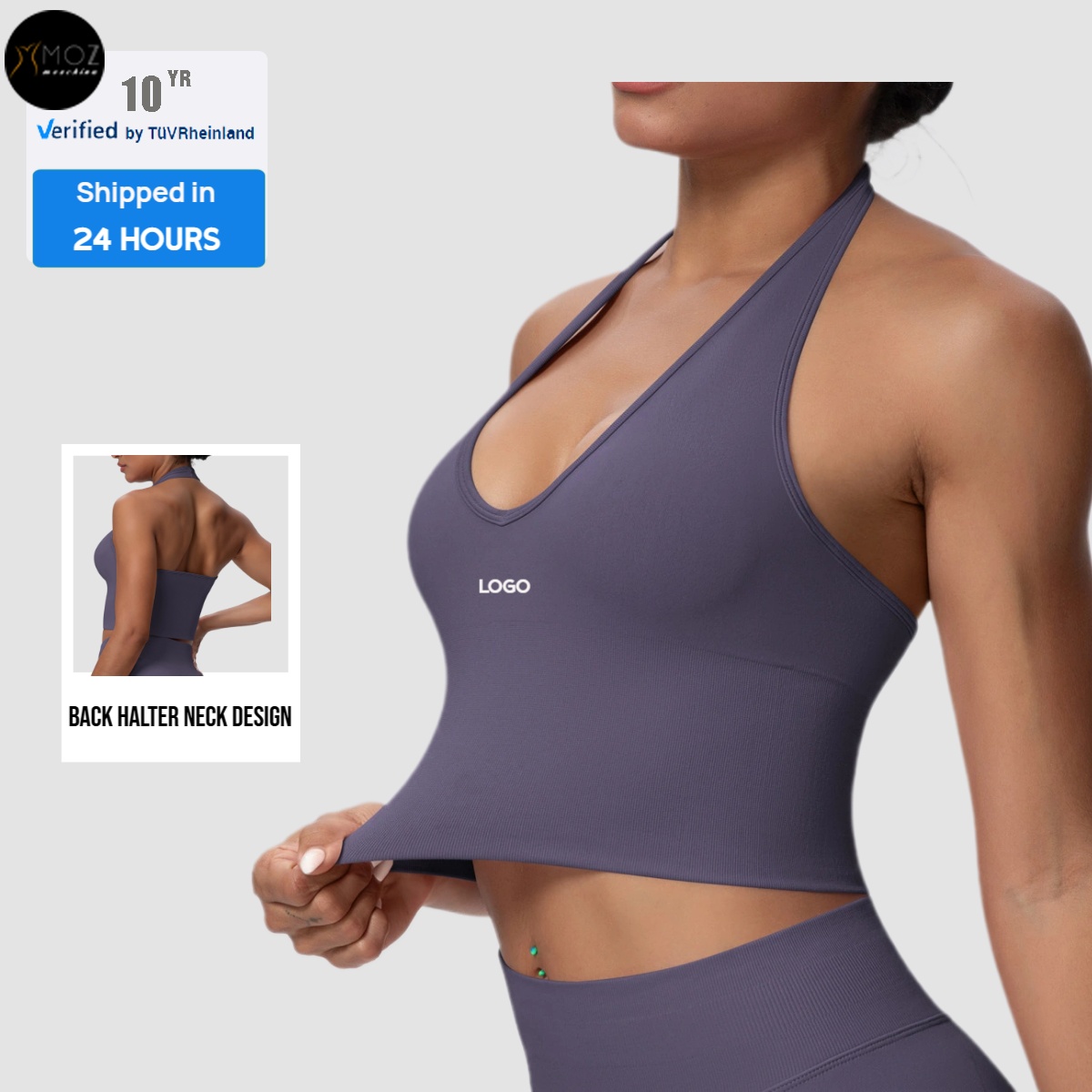 Women's Breathable Seamless Yoga Tank Top Vest Bra Workout with Halter Back Removable Padding & Front Logo