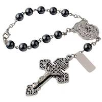 Hématite Décennie Chapelet Homard Griffe Pierre Naturelle Perles St.Michael Médaille Crucifix Argent Catholique Bracelet Auto Chapelets