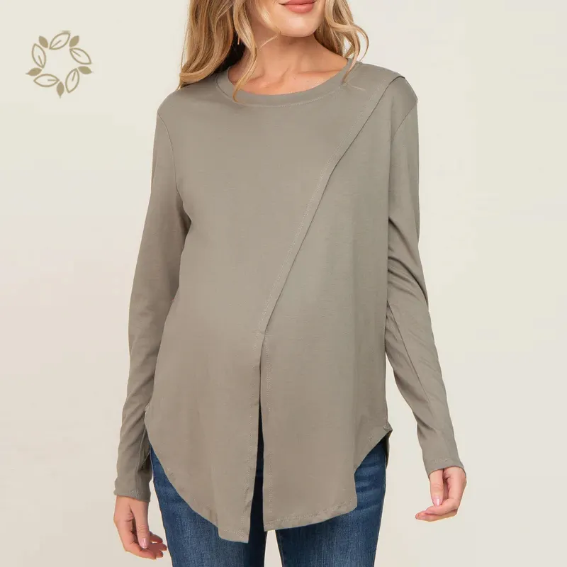 Maternity Long Sleeve Top Solid Front Overlap pregnant T shirts eco friendly Maternity and Nursing tee maternity clothes