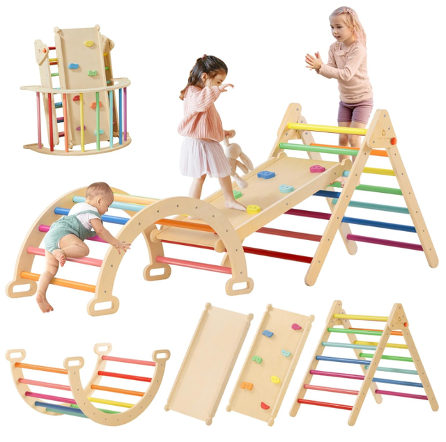 Children's Montessori Wooden Climbing Set 7 in 1 Foldable Pickler Triangle Jungle Gym Baby Indoor Playground Jungle Gym
