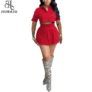 봄 새로운 포켓화물 투피스 세트 여성 턴 다운 칼라 반소매 자르기 탑 및 주름 미니 스커트 의상