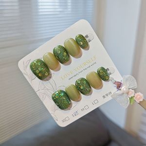 Vente en gros de faux <span class=keywords><strong>ongles</strong></span> courts carrés vert olive effet œil de chat, avec paillettes irisées, étiquette privée OEM - Product Image 2