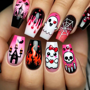 <span class=keywords><strong>Uñas</strong></span> Postizas <span class=keywords><strong>Acrílicas</strong></span> Y2K Rosadas Góticas, Diseño Largo de Ataúd para Halloween con Goteo de Sangre de Fantasma y Casa Encantada, para Mujer - Product Image 2