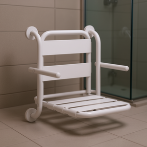 Sedile pieghevole con schienale e braccioli bianco, larghezza 52,5 cm, lunghezza 53,5 cm, attrezzatura di sicurezza per il bagno - Product Image 3