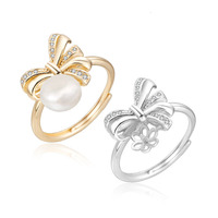 Bague ajustable à nœud papillon avec bouton, perle d'eau douce AAA, plaquée rhodium R.GEM. Accessoire de Montage DIY pour Bijoux Délicats pour Femmes S925