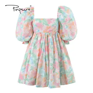 R30072 S Lieve Prinses Tie-Dye Baljapon Jurk Met Bloemenprint Vrouwen Met Vierkante Kraag En Pofmouw Schommel Mini Fairy Cake Gewaad Meisje 2023