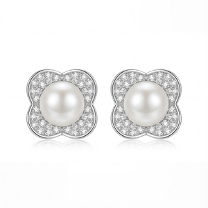 Copper Full Pave CZ <b>Four</b> <b>Leaf</b> Flower White Pearl Stud <b>Earrings</b> for Women Zircon Floral Pearl Jewelry Bridal Wedding Gift - Product Image 1