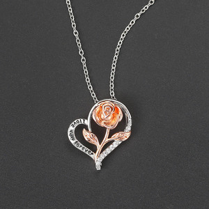 Collana con Ciondolo a Cuore con Rosa, Placcata in Platino con Zirconi, Scritta '<span class=keywords><strong>Ti</strong></span> <span class=keywords><strong>Amo</strong></span> per Sempre', Gioielli alla Moda, Regalo - Product Image 1