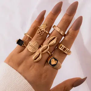 波西米亚金链戒指套装女性时尚波西米亚金链戒指派对2021潮流珠宝礼物