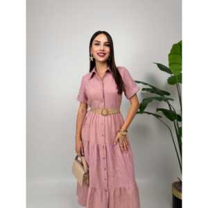 Vestido Camisero Amarillo con Cinturón, Cuello Camisero, Tejido Transpirable, Estilo Casual Diario, Largo Midi, Cintura Natural - Product Image 6