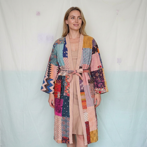 Women's Long Patchwork 100% Cotton Nonwoven Quilted Kimono Wrap <b>Coat</b> V-Neck Full Sleeve Breathable Design Winter Wear - Product Image 1
