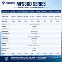 Moteur hors-bord TOHATSU série MFS30D 30 CV 4 temps EFI refroidi par eau avec arbre long ou court et démarrage électrique