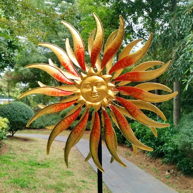 yard art metal sun face colour changing solar wind spinner spiral light