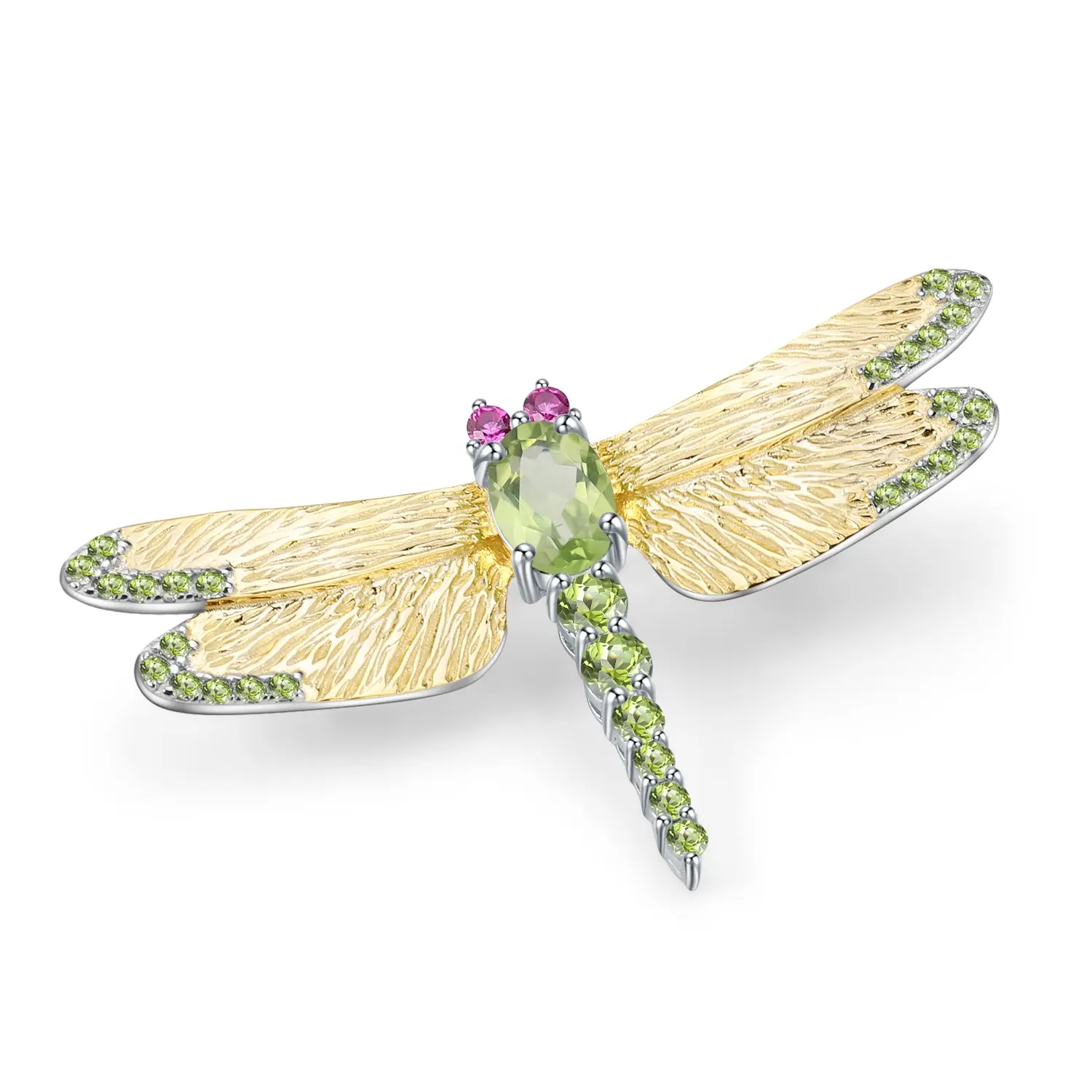 Luxe Natuurlijke Peridot Gemstone Vergulde 925 Sterling Zilveren Libelle Broche Voor Vrouwen