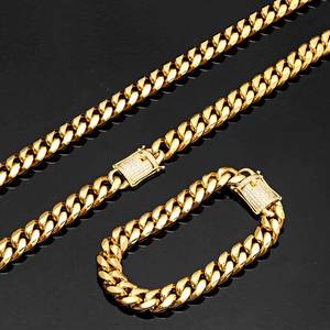 Vente en Gros de Bijoux de Mode 12mm en Or 14k en Acier Inoxydable Collier de Chaîne Cubaine pour Hommes