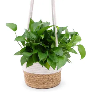 Natural High quality pots seagrass and cotton rope hanging plant basket Weaving hanging basket for plants