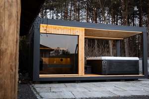 Cabine de sauna extérieure moderne <span class=keywords><strong>avec</strong></span> patio intégré et éclairage LED, extérieur gris sans baignoire - Product Image 5