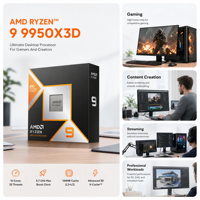 Processeur CPU 9950X3D 16 cœurs 32 threads 5,7 GHz Boost Max 128 Mo de cache L3 Socket AM5 DDR5 en boîte pour PC de jeu de bureau