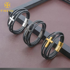 थोक लड़कों फैशन गहने विंटेज बहु परत काले लट पार कफ चमड़े के कंगन पुरुषों - Product Image 1