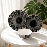 Service de table en céramique à rayures radiales noires et blanches, 12 pièces, assiettes et bols en porcelaine pour restaurant et maison