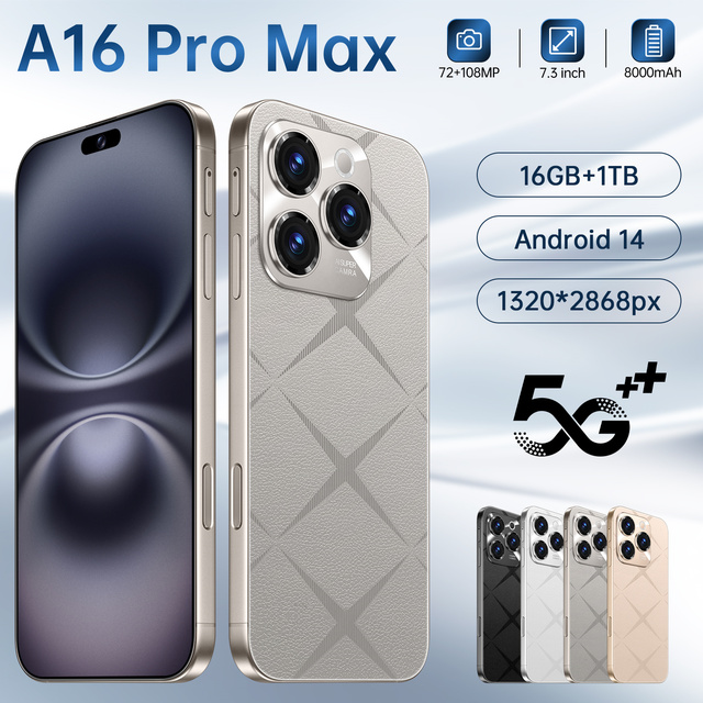 High Performance 16 Pro Max 5G Android 14 Smartphone 16GB RAM 16+1TB Dual SIM 7.3 Inch HD OLED Display 8000 MAh Battery