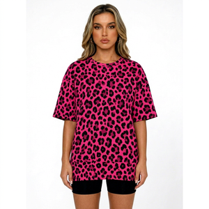 Camiseta Oversize para Mujer, Cuello Redondo, Estampado de Leopardo Rosa, Manga Media, Tejido de Punto, 100% Algodón - Product Image 1