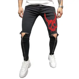 2023 Venda quente mais recente moda legal stretch biker zíperes rasgado skinny denim calças Skulls calças homens jogger jeans!